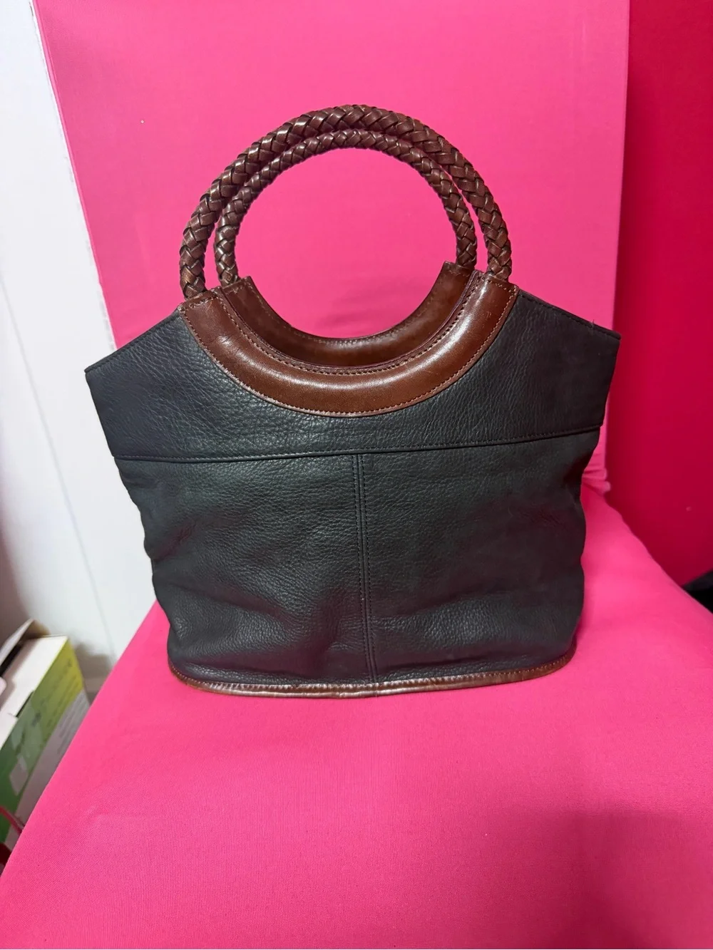 Fossil Black Tote with Brown Braided Handles